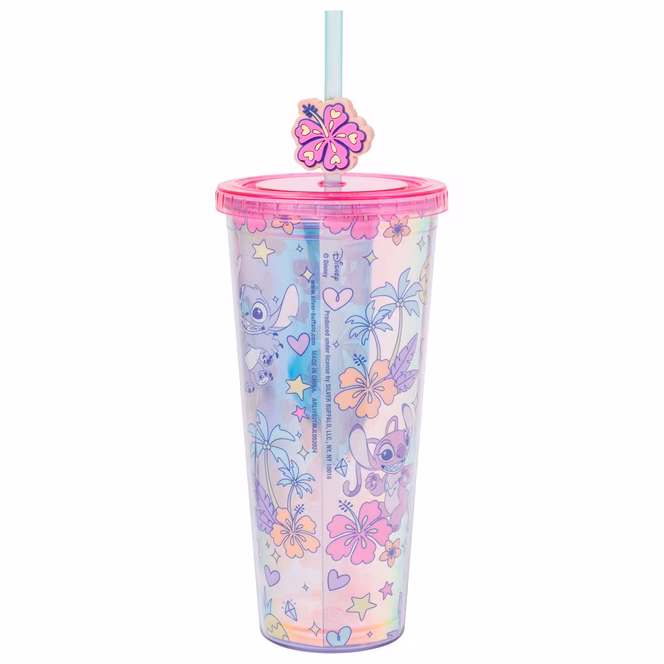 GameStop Lilo and Stitch - Stitch and Angel Pastel Pearlescent Plastic Cold 24oz Cup with Lid and Topper Straw