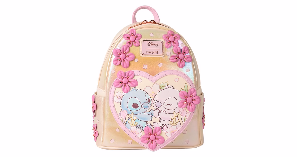 GameStop Loungefly Stitch and Angel Cherry Blossom Heart Mini Backpack