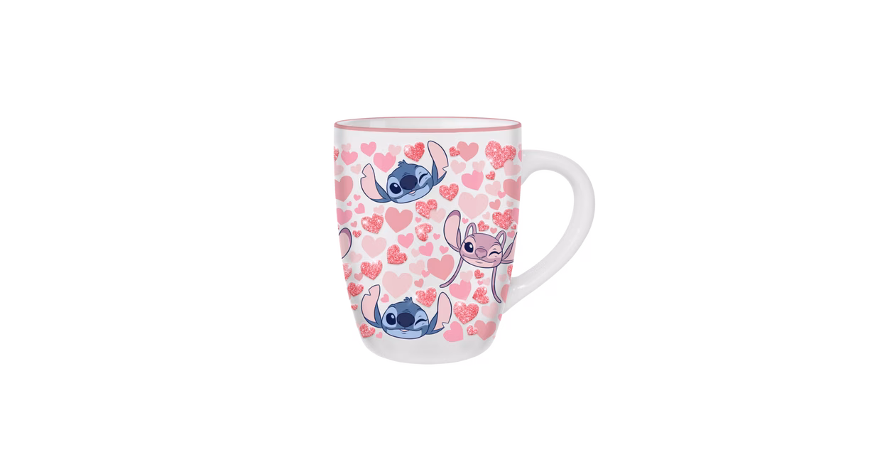 GameStop Lilo and Stitch - Stitch and Angel Hearts Pattern Glitter 25oz Jumbo Curved Ceramic Mug