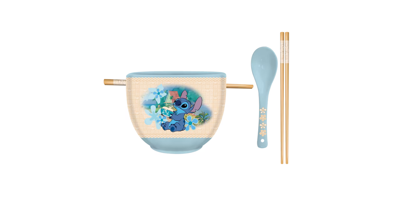 GameStop Lilo and Stitch - Stitch Eating Noodles Ceramic Ramen 20oz Bowl with Chopsticks and Spoon