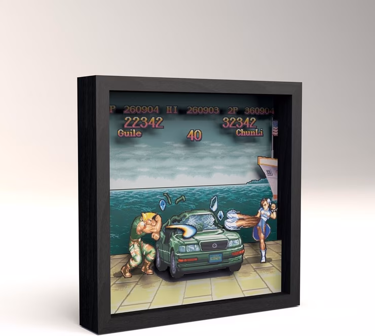 GameStop Pixel Frames Street Fighter II Car Scene 3D Shadow Box Framed Decor Wall Art