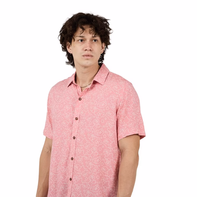 GameStop Nintendo Kirby Pink Outline Woven Button-Up Unisex Collared Shirt
