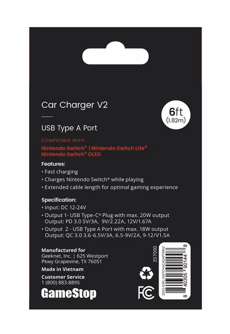 GameStop GameStop 6-ft Car Charger for Nintendo Switch, Nintendo Switch Lite, and Nintendo Switch OLED