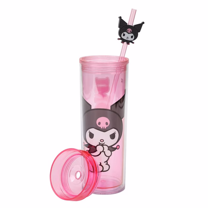 GameStop Sanrio Kuromi Clear Pink 16 oz Plastic Water Bottle with Straw Charm