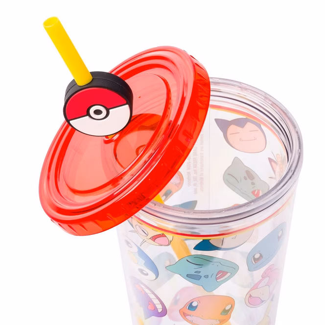 GameStop Pokemon Multi-Character Head Toss 24oz Plastic Cold Cup with Lid and Topper Straw