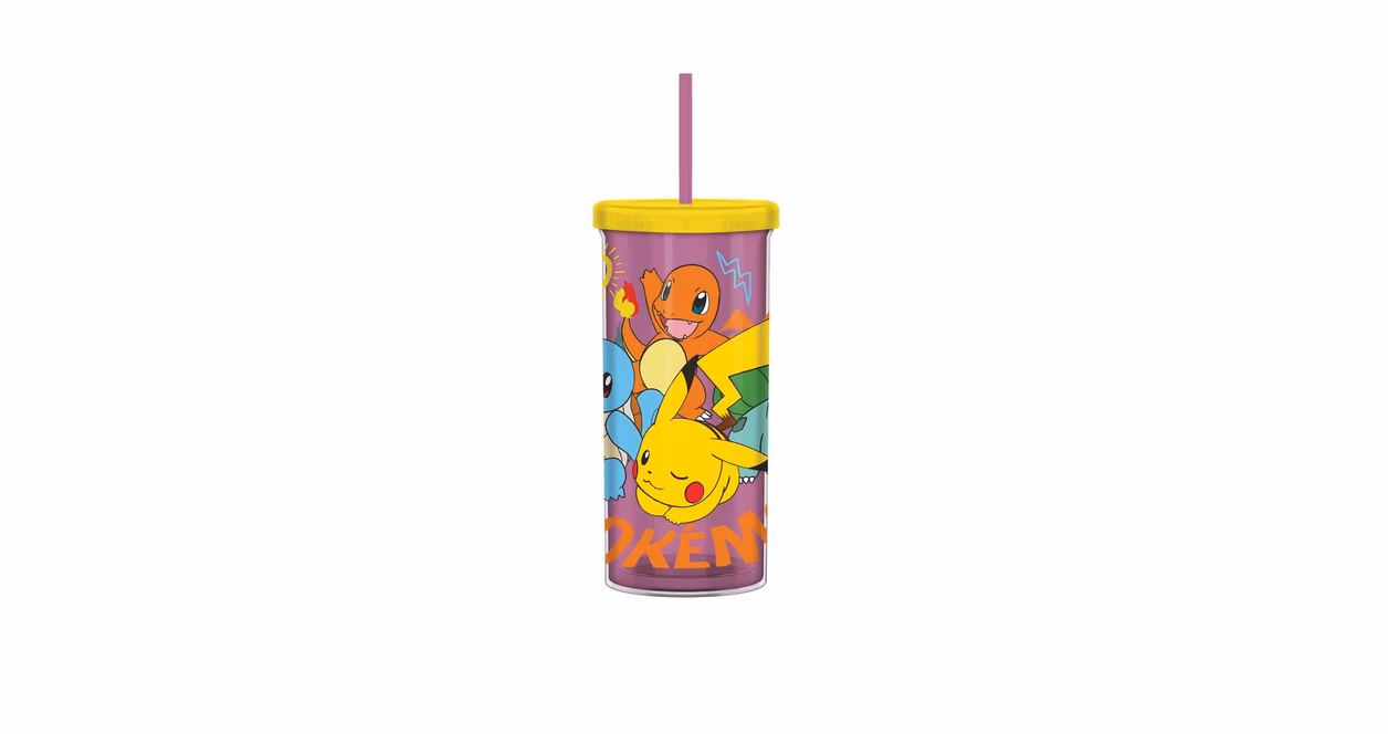 GameStop Pokemon Kanto Starters and Pikachu 20oz Plastic Tall Cold Cup with Lid and Straw