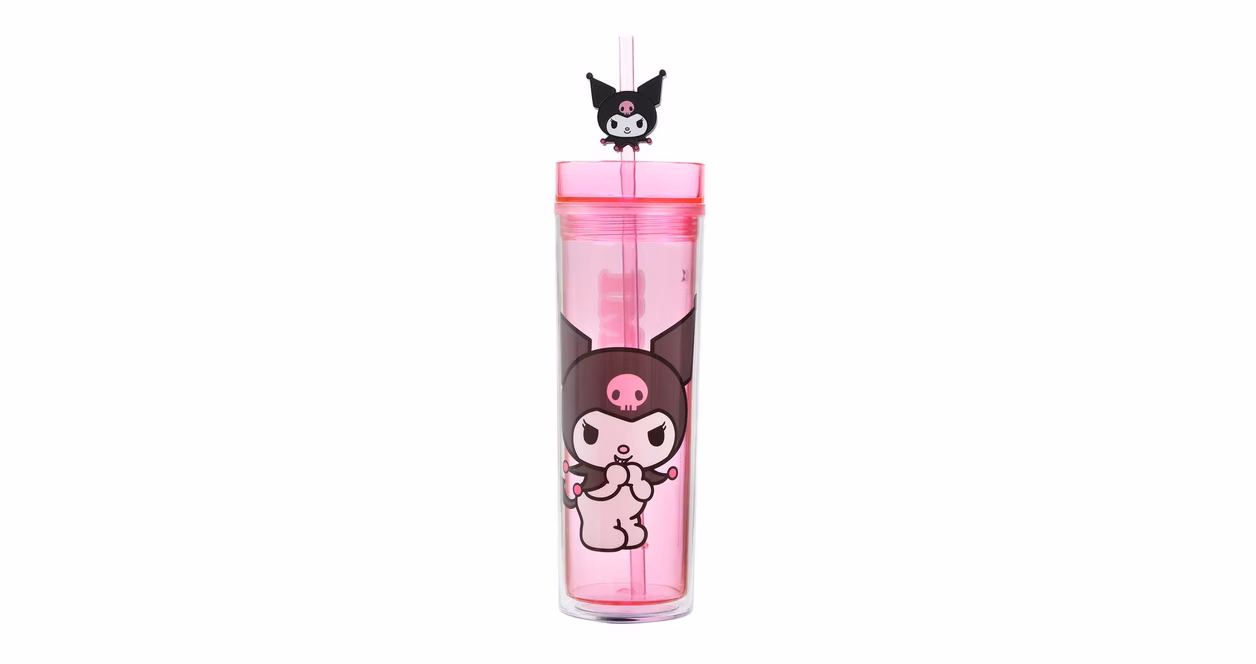 GameStop Sanrio Kuromi Clear Pink 16 oz Plastic Water Bottle with Straw Charm